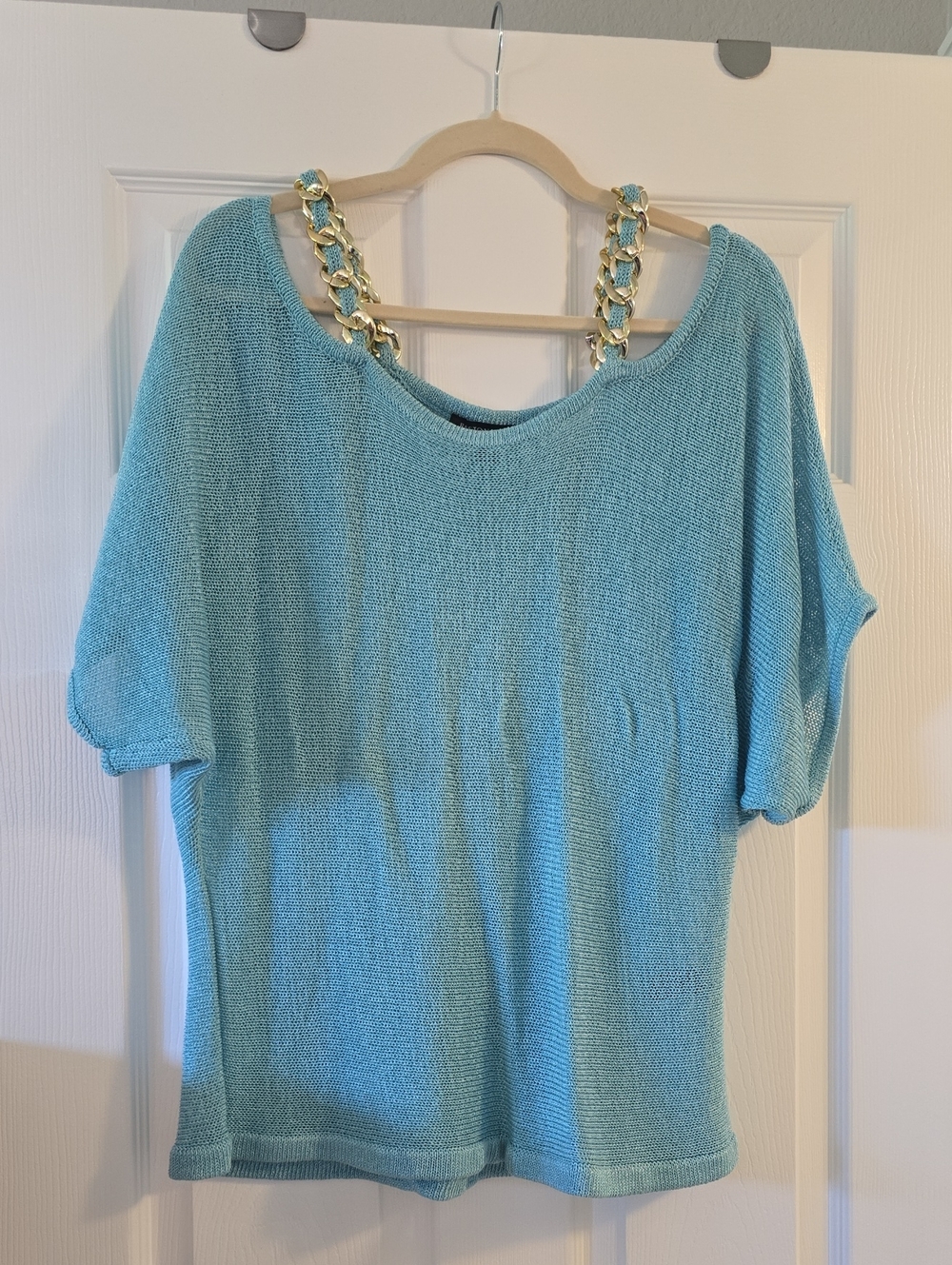 Boston Proper Aqua Blue Chain-Shoulder Knit Top